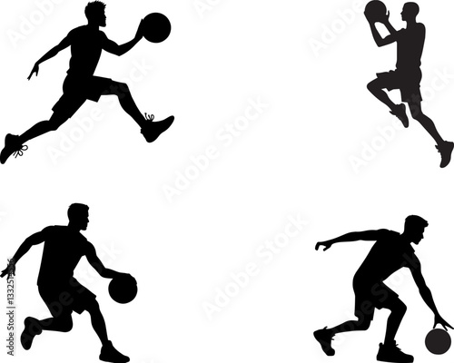  4 young man basketball player silhouette on white background
