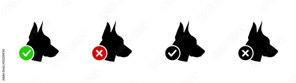 Fototapeta premium Dog head approval and rejection (tick and cross) icons in black and color. Vector icon