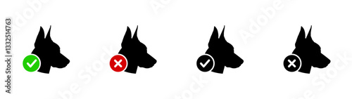 Dog head approval and rejection (tick and cross) icons in black and color. Vector icon