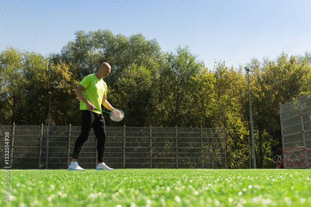 Strong caucasian badminton player racquet hit shuttlecock while practice before competition. Summer sports game, outdoors. Copy space.
