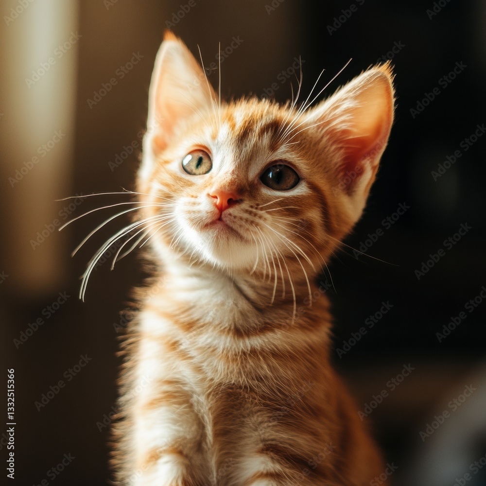 Playful ginger kitten gazes curiously in soft light, showcasing its vibrant fur and expressive eyes Playful ginger kitten gazes curiously in soft light, showcasing its vibrant fur and expressive eyes