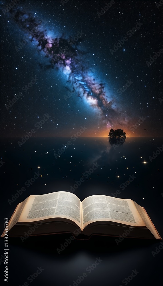 Naklejka premium Open Book Under a Milky Way Sky, Inspiring Wisdom