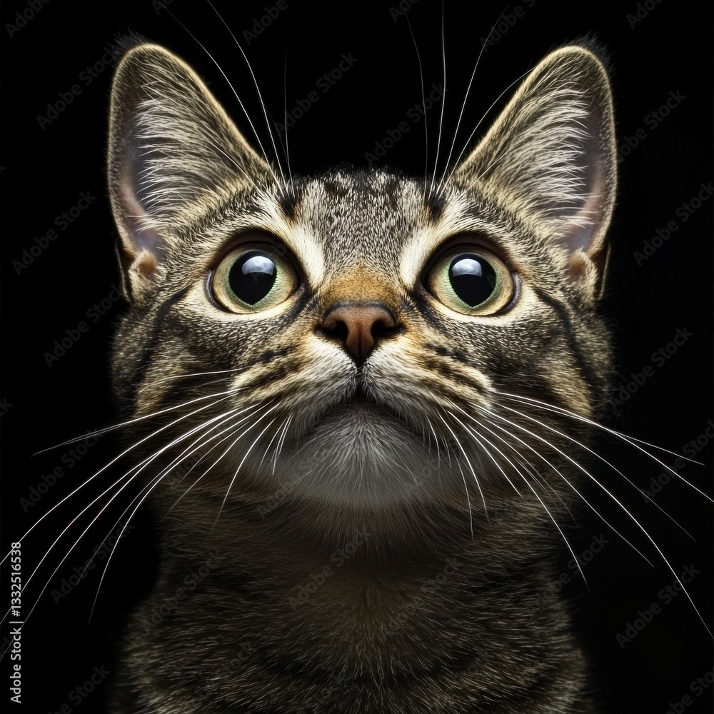 Obraz premium Curious tabby cat gazes upwards with wide eyes against a dark background