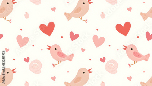 Charming Seamless Tile Pattern of Flat Valentine Hearts and Love Birds in Pastel Colors for Romantic Home Decor - Cute Vector Illustration for Valentine's Day