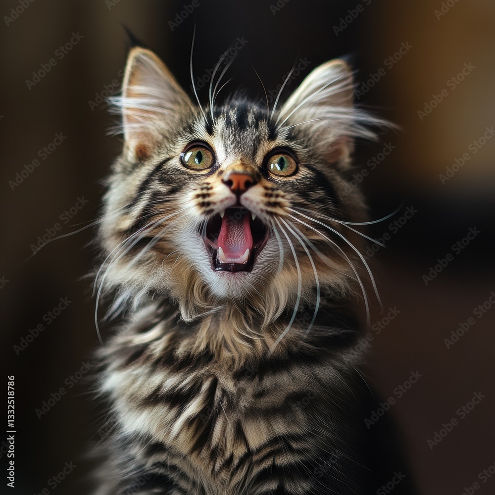 Maine Coon cat displaying playful curiosity with its mouth open in a warm indoor setting Maine Coon cat displaying playful curiosity with its mouth open in a warm indoor setting