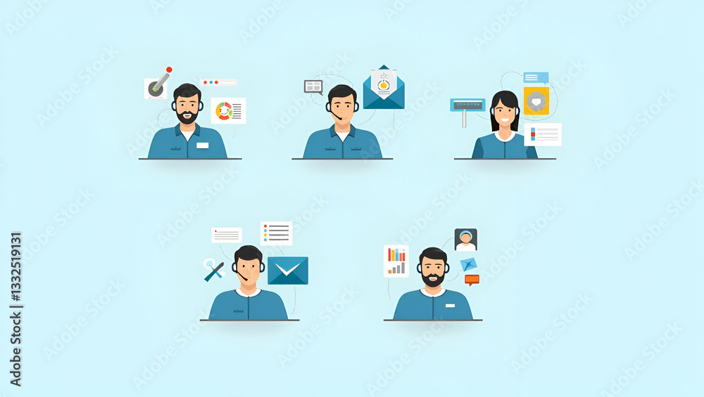 Flat Technical Support & Customer Service Concept: 24/7 Communication & Maintenance Icons for Business Technology Assistance - Cute Vector Illustration Flat Technical Support & Customer Service Concept: 24/7 Communication & Maintenance Icons for Business Technology Assistance - Cute Vector Illustration