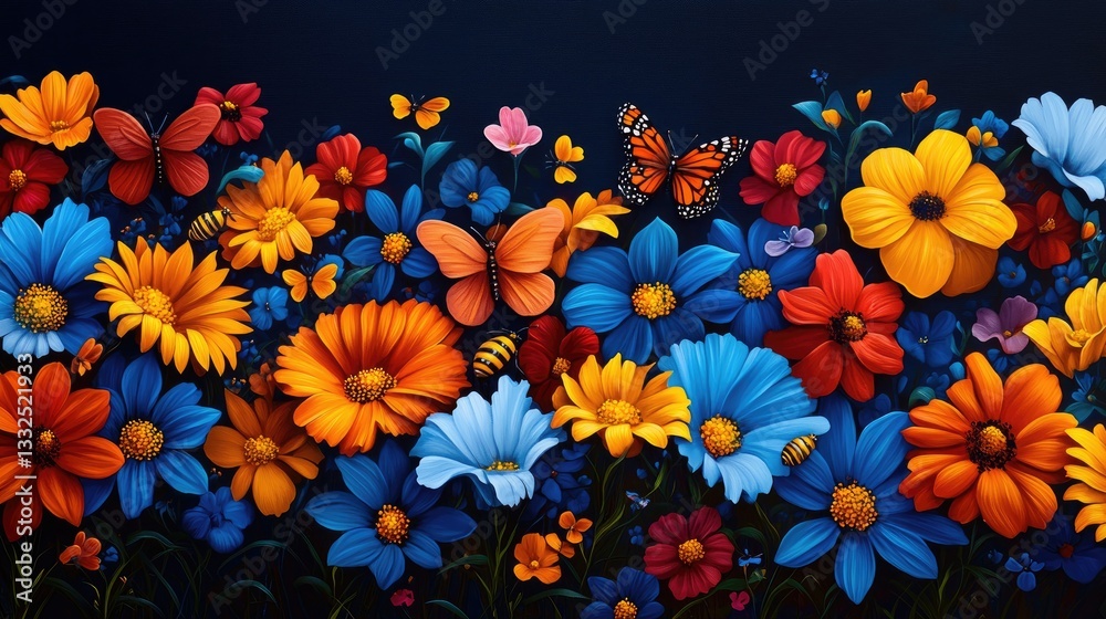 Vibrant Floral Arrangement with Butterflies and Bees in Blooming Garden Vibrant Floral Arrangement with Butterflies and Bees in Blooming Garden