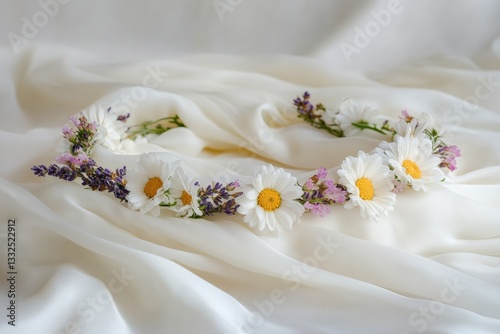 Floral crown featuring daisies and lavender on soft fabric background Generative AI