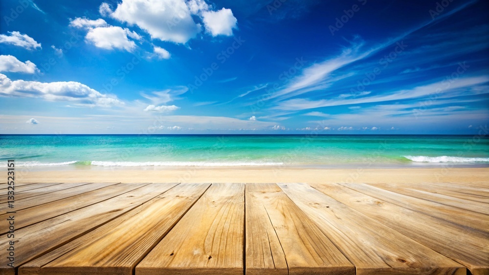 Wooden floor beach in summer. For product display. Calm Sea and Blue Sky Background.