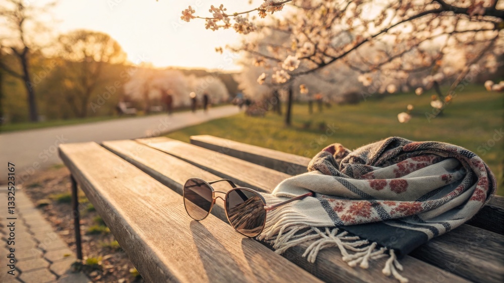 Fototapeta premium Round Sunglasses with Floral Scarf on Wooden Bench in Park with Blossoming Trees, Representing Springtime Style and Relaxation