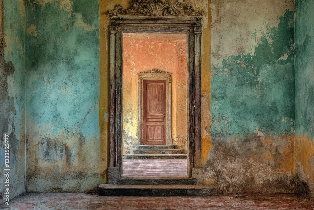 Fototapeta premium Decaying elegance of an abandoned room with colorful walls and an inviting doorway