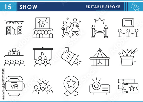 A set of line icons related to Show. Circus, concert, show, VIP, speech, dance, and so on. Vector editable stroke.