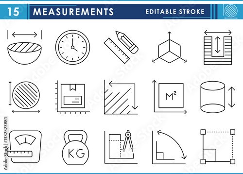 A set of line icons related to Measurement. Measure, length, weight, graph, unit, area, volume, dimensions, and so on. Vector editable stroke.