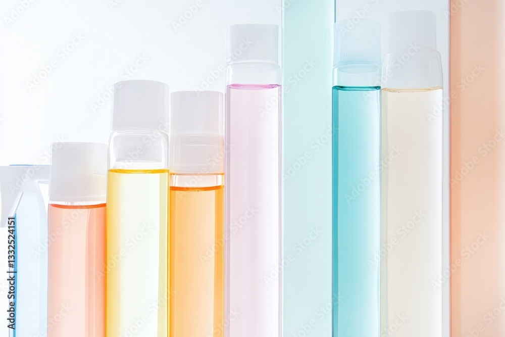 close-up photo showcases subtle texture and vibrant colors of household cleaning chemicals in their bottles arranged close-up photo showcases subtle texture and vibrant colors of household cleaning chemicals in their bottles arranged