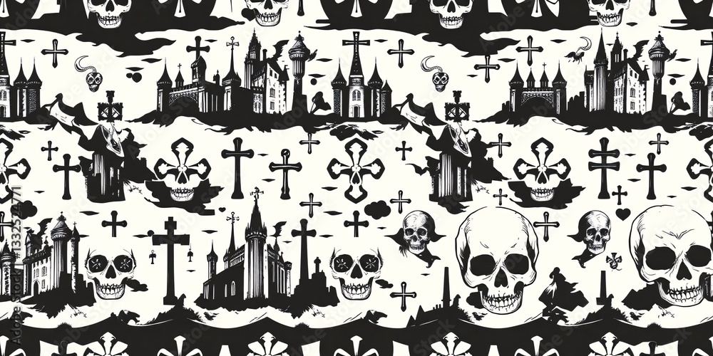 Obraz premium Gothic Woodcut Pattern - Black and White Seamless Design Featuring Castles, Crosses, and Skulls