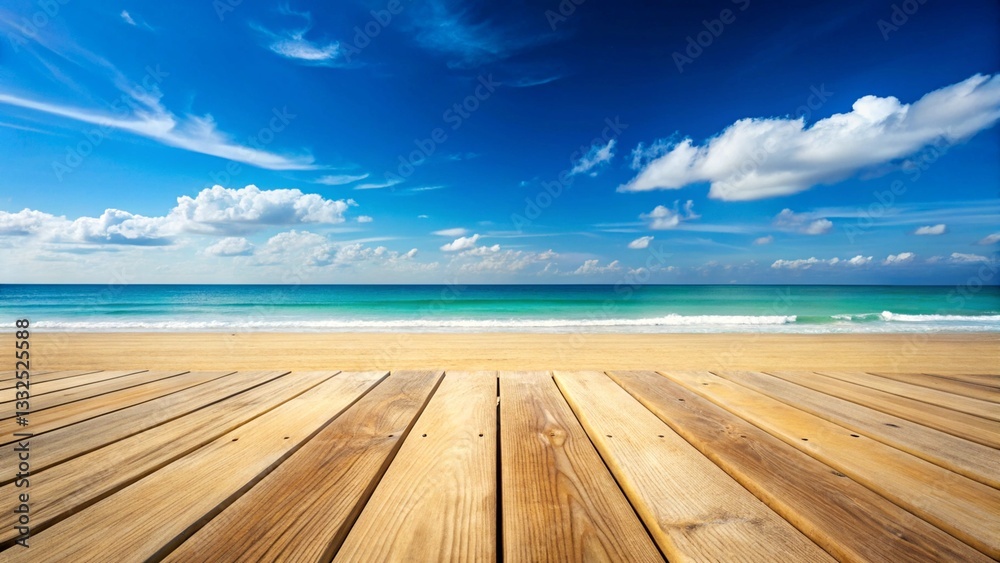 Wooden floor beach in summer. For product display. Calm Sea and Blue Sky Background.