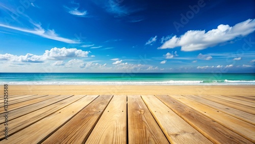 Obraz na płótnie Wooden floor beach in summer. For product display. Calm Sea and Blue Sky Background. w salonie