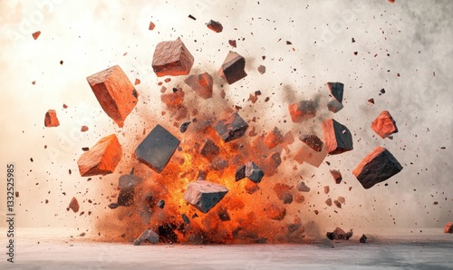 Fototapeta Naklejka Na Ścianę i Meble -  Brick wall explosion with fire and smoke on a gray floor, ideal for destruction themes