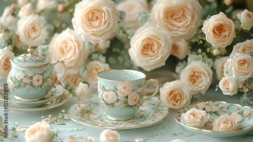 Wallpaper Mural Delicate floral tea set, pastel roses Torontodigital.ca