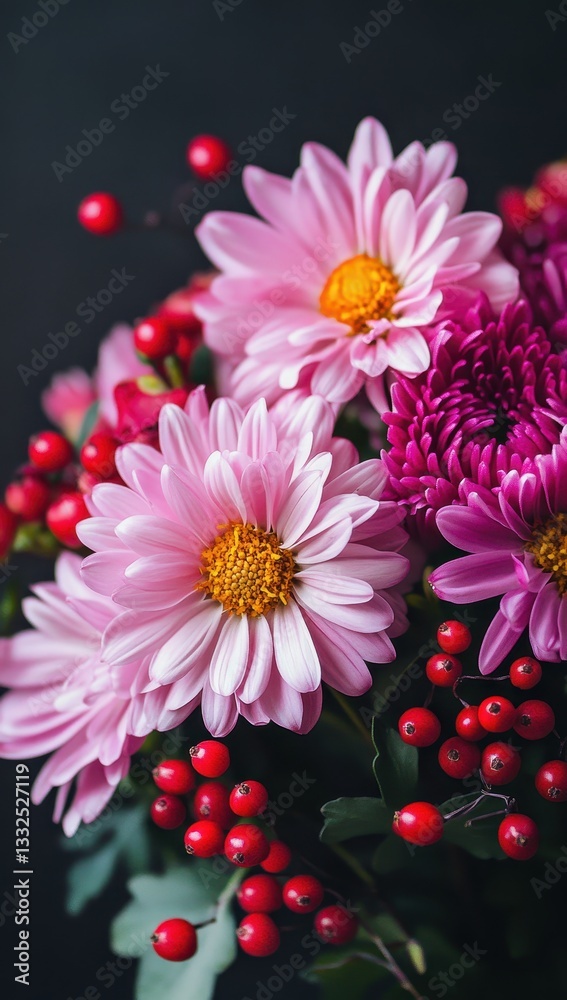 Fototapeta premium Beautiful arrangement of pink daisies, vibrant chrysanthemums, and red berries on a dark background, perfect for floral decor and design inspiration