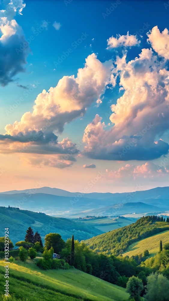 Fototapeta premium Scenic Tuscany Landscape: Rolling Hills, Green Fields, and Majestic Clouds Under a Bright Blue Sky at Sunset.