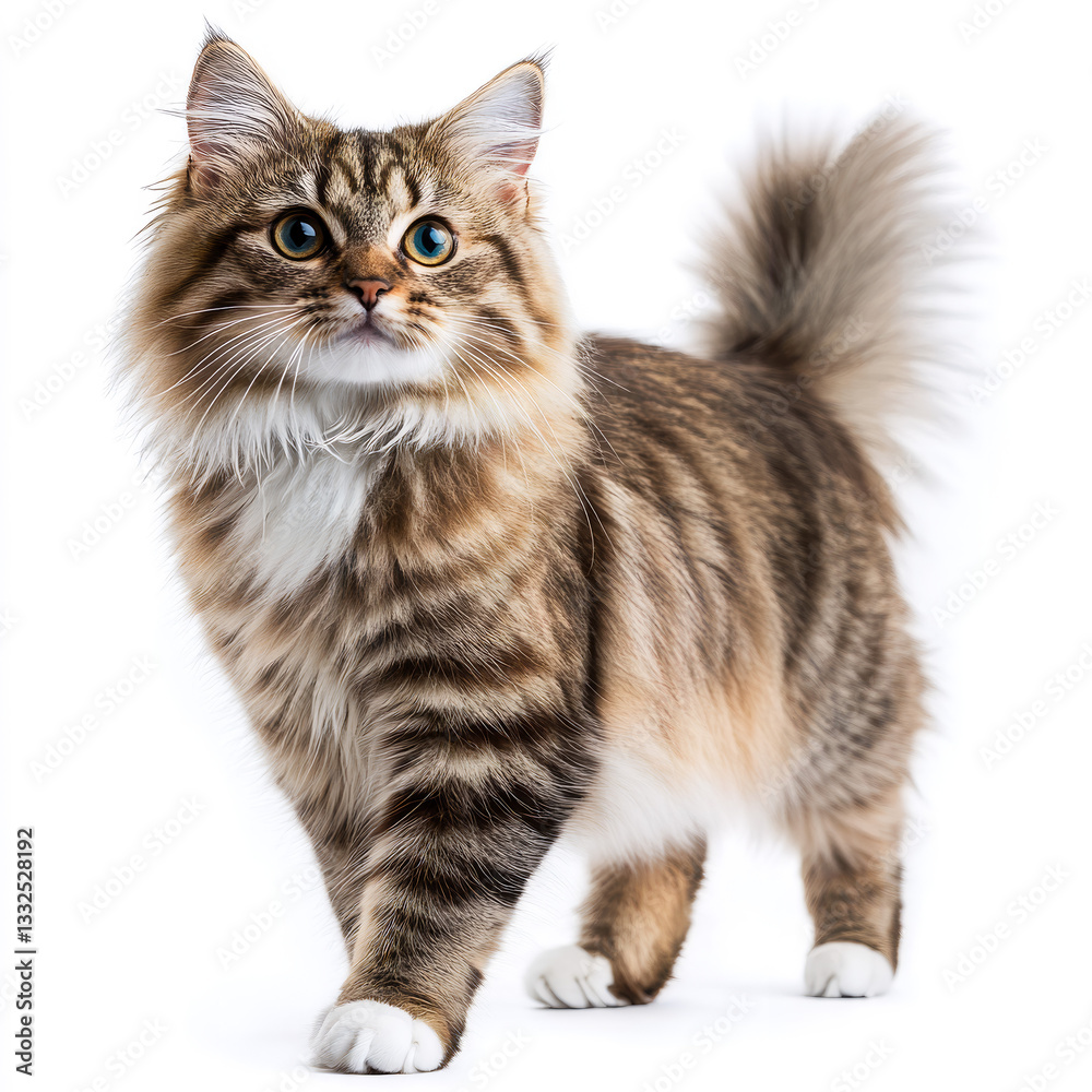 Obraz premium Beautiful Siberian cat with thick fluffy fur and bushy tail standing against a white background, gazing curiously with bright expressive eyes, ideal for pet lovers and feline themed designs.