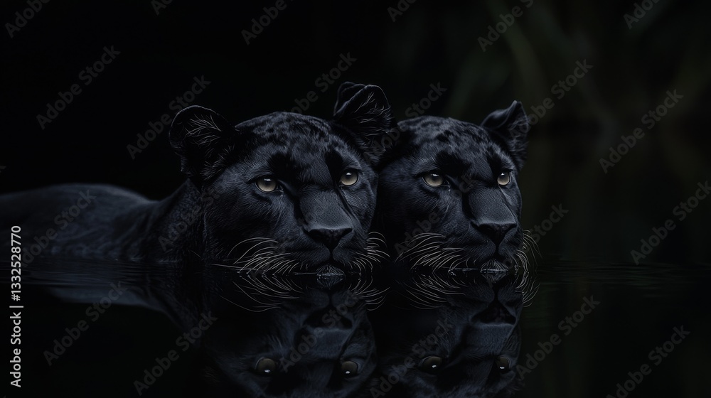 Two black panthers reflecting in calm water. Two black panthers reflecting in calm water.