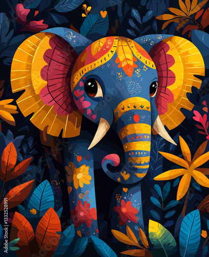 A vibrant and artistic illustration of a decorated elephant with floral patterns, surrounded by colorful leaves and flowers, blending nature and wildlife in an expressive way