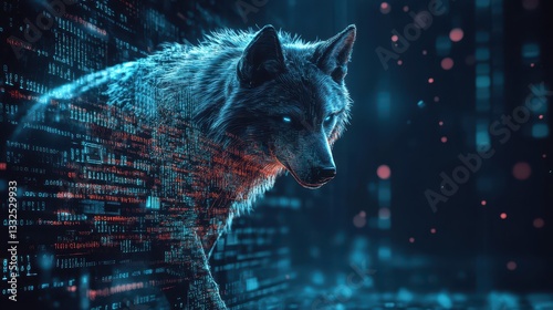 Cybernetic Wolf Prowling Through Digital Code in a Dark Atmosphere with Glowing Eyes and Binary Background