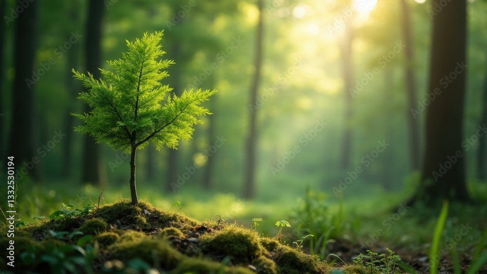 Fototapeta premium Small tree is growing in the forest. The tree is surrounded by moss and is growing on a hill. Concept of growth and life in nature