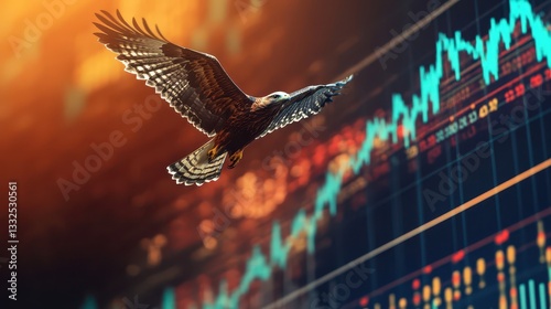 Hawk Flying Upwards Against Stock Market Background Representing Financial Growth and Potential Opportunities in Business and Investments