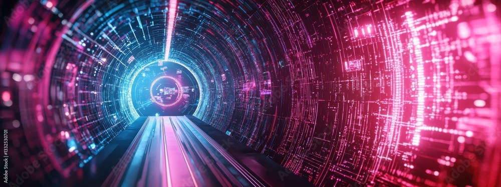 Fototapeta premium Futuristic Digital Tunnel with Neon Lights and Data Streams