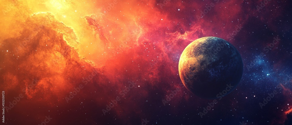 A planet is floating in space with a bright orange and red background A planet is floating in space with a bright orange and red background