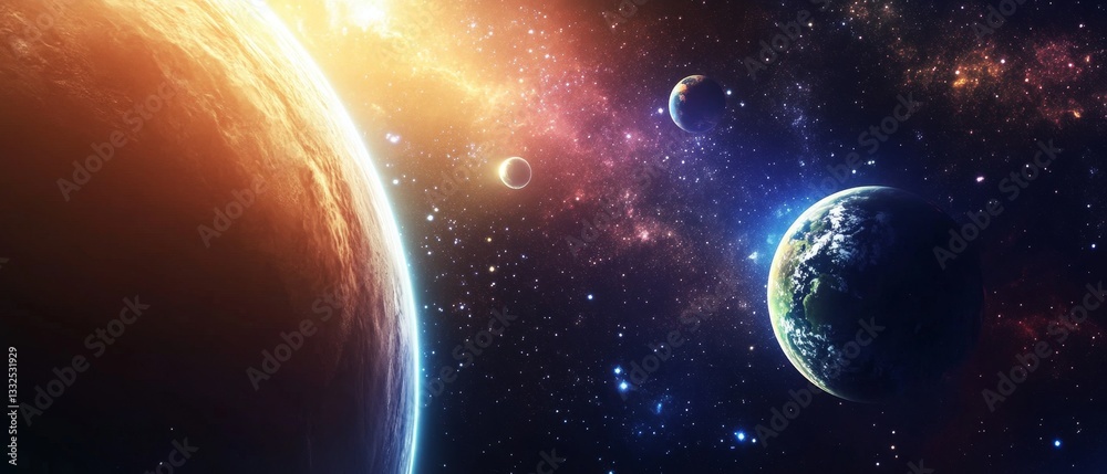 Obraz premium A colorful image of the solar system with the sun in the center