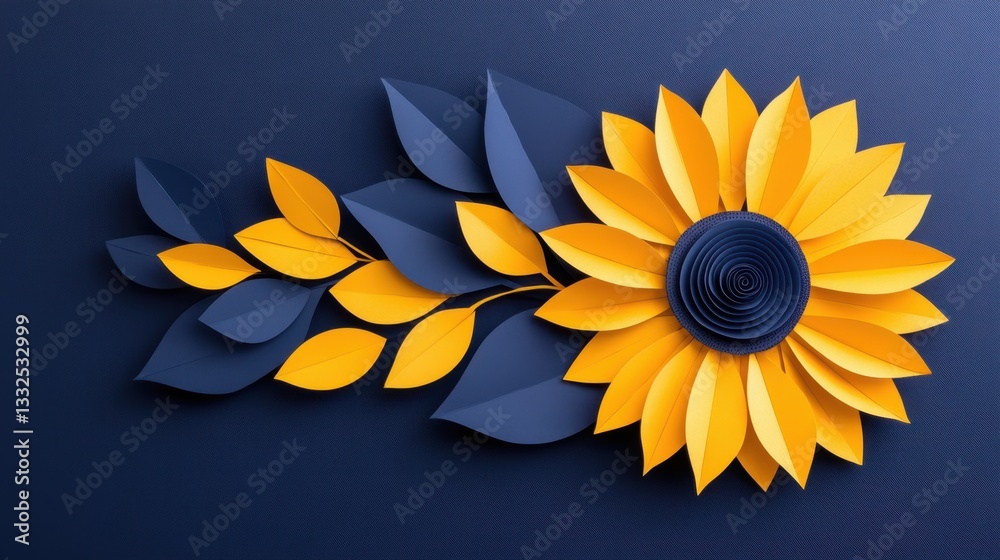Obraz premium Paper cutout-style of a sunflower swaying in the gentle summer breeze, with deep navy and bright yellow tones, symbolizing the vibrant energy and warmth of nature.