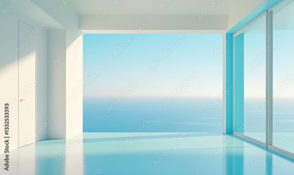 Fototapeta premium Empty room with ocean view, blue floor, and open door
