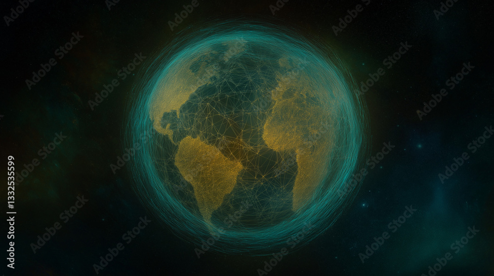 Fototapeta premium Global Connection: A stylized view of the world, interconnected by a network of lines. Representing the complexities of technology and communication that links the globe.