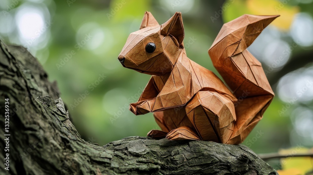 Fototapeta premium Origami squirrel crafted from brown paper on tree branch in forest