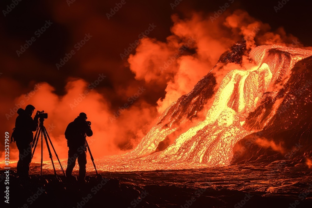 Fototapeta premium Photographers capture volcanic eruption at night in a dramatic display of molten lava