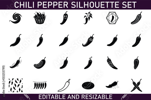 Chili Pepper Silhouette Set Editable, Resizable Vector Icons