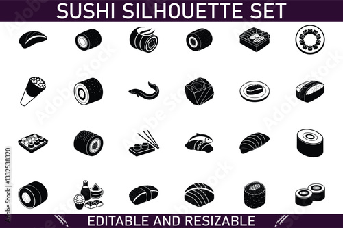 Editable Resizable Sushi Silhouette Icons Set of Japanese Cuisine