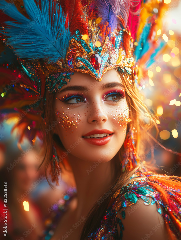 Brazilian samba dancer wearing colorful costume and feathered headdress Brazilian samba dancer wearing colorful costume and feathered headdress