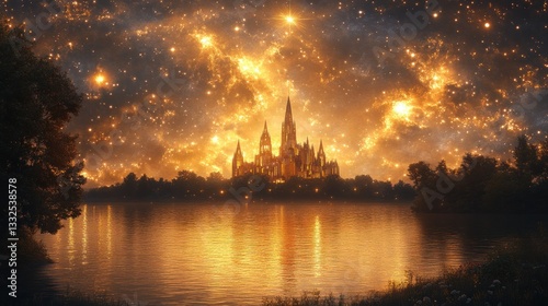 Wallpaper Mural Golden castle on a mystical lake under a starry night sky Torontodigital.ca