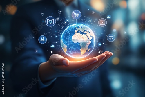 Hand holding digital globe with icons. photo