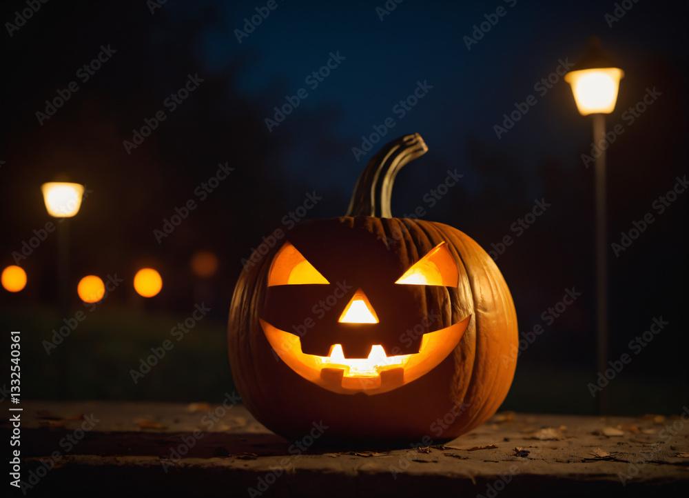 Fototapeta premium Carved pumpkin jack-o'-lantern, sitting on a surface outdoors classic Halloween design with triangular eyes, nose, and a wide, toothy grin. It's also illuminated from inside, casting a warm glow.