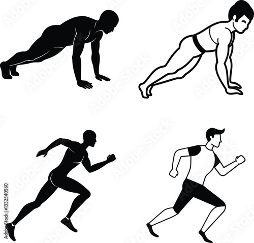 Fitness, Exercise, Workout, Running, Plank, Strength, Training, Sport, Silhouette, Icons