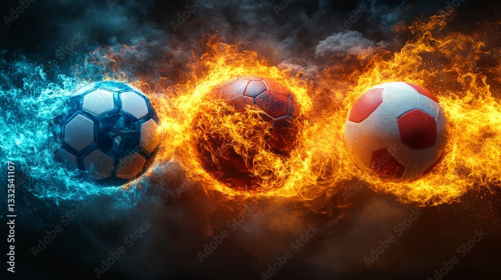 Fototapeta premium Soccer balls infused with blue and red flames represent intense rivalry, amid a backdrop of power and excitement
