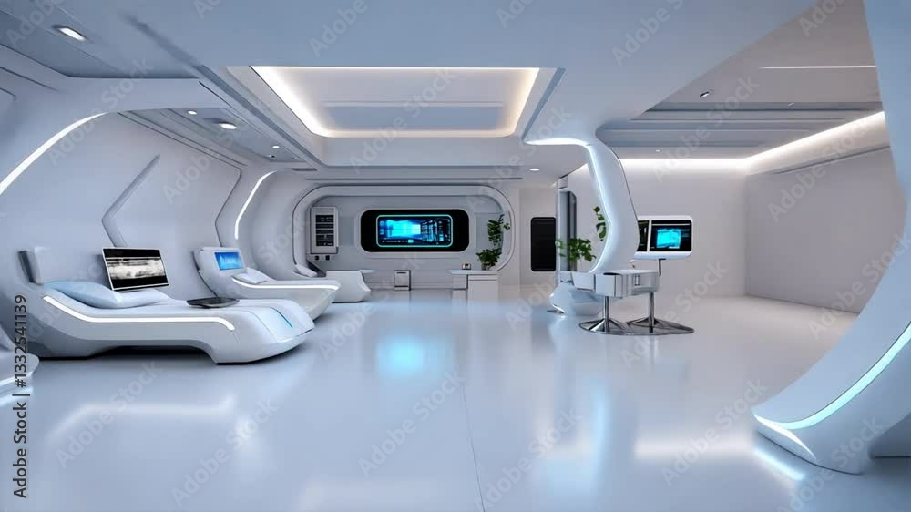 Futuristic Clinic Room: A stunning depiction of a cutting-edge clinic, the image showcases advanced technology in a spacious, light-filled interior, offering a glimpse into the future of healthcare.
