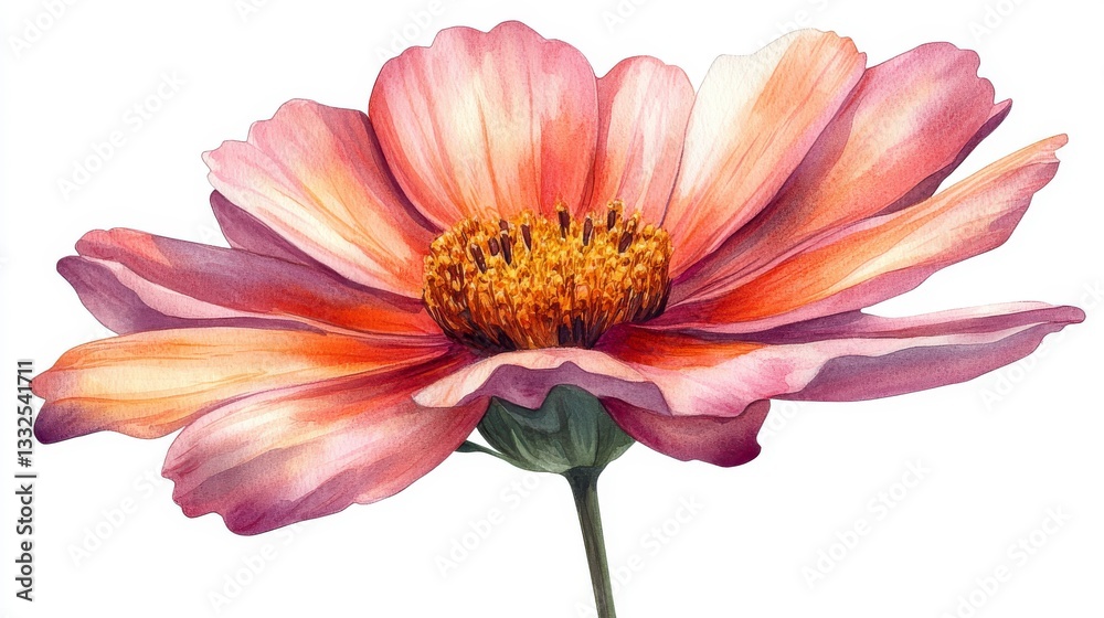 Delicate Watercolor Hand-Drawn Cosmos Flower with Soft Pink Petals and Vibrant Center