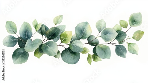 Hand-Drawn Watercolor Eucalyptus Leaves in Soft Green Tones on a White Background